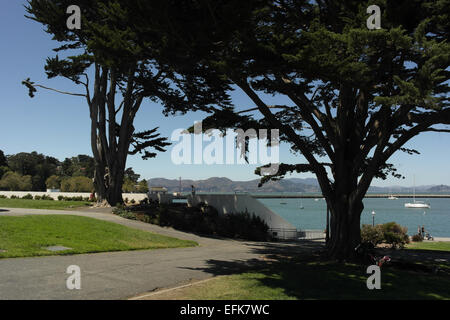 Blauer Himmelsblick durch Bäume aquatische Cove und Municipal Pier, Menschen in viktorianischen Park, in der Nähe von Maritime Museum, San Francisco Stockfoto