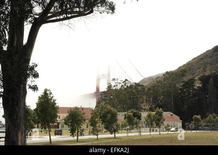 Blick zur Seite des Baums über Exerzierplatz zu uns Coast Guard Station, Golden Gate Bridge steigt Nebel, Fort Baker, San Francisco Stockfoto