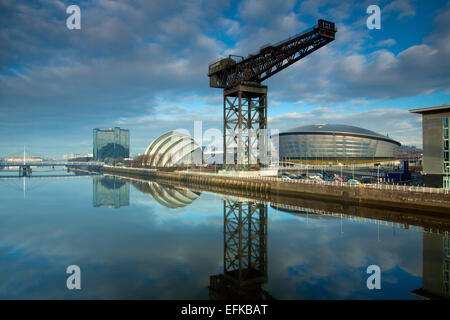 Stobcross (Finnieston Kran), das Gürteltier, der SSE Hydro und des Flusses Clyde, Pacific Quay, Glasgow Stockfoto