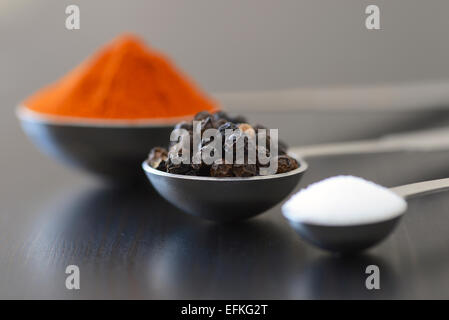Pfeffer, Paprika und Salz in Dosierlöffel auf einer dunklen Holzoberfläche Stockfoto