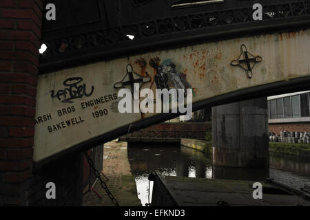 Alice Pasquini Kunst schwule Männer küssen Eisernen Steg übermalt Kanal Arm unterhalb der großen nördlichen Viadukt, Castlefield, Manchester Stockfoto