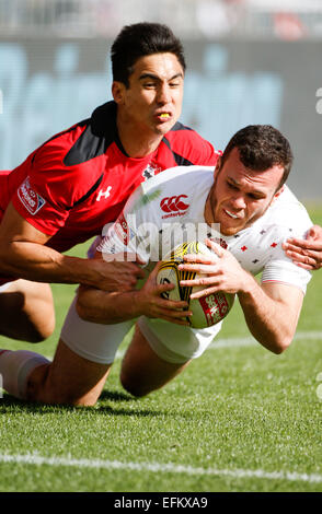 Wellington, Neuseeland. 6. Februar 2015. Englands Tom Bowen punktet mit der Bewältigung. Tag eins der HSBC Sevens, Westpac Stadium, Wellington, Neuseeland. Freitag, 6. Februar 2015. Bildnachweis: Aktion Plus Sport/Alamy Live-Nachrichten Stockfoto