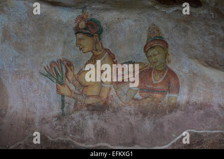 Alte Fresken der Jungfrauen auf Höhlenwand zur Felsenfestung Sigiriya, Sigiriya, Sri Lanka, Sigiriya, Sri Lanka, Rock, Unesco, Höhle, Kunst Stockfoto