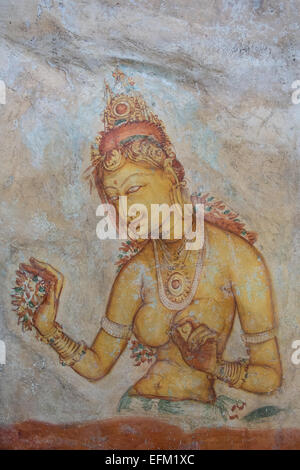 Alte Fresken der Jungfrauen auf Höhlenwand zur Felsenfestung Sigiriya, Sigiriya, Sri Lanka, Sigiriya, Sri Lanka, Rock, Unesco, Höhle, Kunst Stockfoto