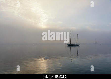 Connecticut River in Essex, Segelboot Morgennebel Stockfoto