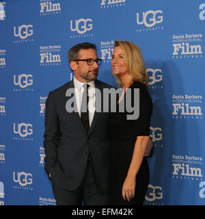 Santa Barbara, Kalifornien USA 6. Februar 2015 Foxcatcher Steve Carell mit seiner Frau Nancy, zu Fuß den roten Teppich auf dem Santa Barbara International Film Festival. Stockfoto