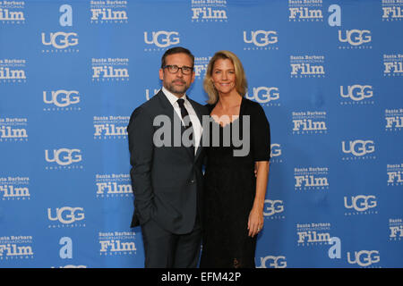 Santa Barbara, Kalifornien USA 6. Februar 2015 Foxcatcher Steve Carell mit seiner Frau Nancy, zu Fuß den roten Teppich auf dem Santa Barbara International Film Festival. Stockfoto