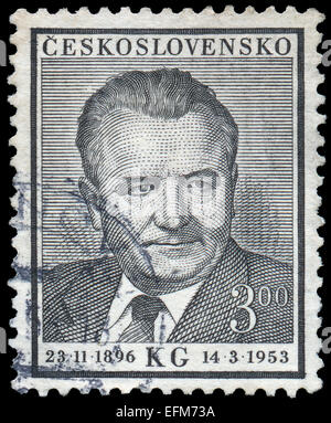 Tschechoslowakei - ca. 1953: Eine Briefmarke gedruckt in der Tschechoslowakei, zeigt Porträt Klement Gottwald (1896-1953) Ministerpräsident und p Stockfoto