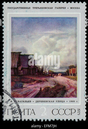 Russland - ca. 1975: Briefmarke gedruckt von Russland zeigt Dorfstraße, von A. Wassiljew, ca. 1975 Stockfoto