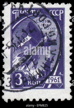 UdSSR - ca. 1961: Eine Briefmarke gedruckt in der UdSSR zeigt die Weltraumrakete, Serie, ca. 1961 Stockfoto