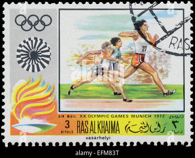 RAS AL KHAIMA - ca. 1972: Briefmarke gedruckt von Ras al Khaima, laufen, ca. 1972 zeigt Stockfoto