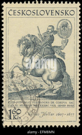 Tschechoslowakei - ca. 1969: Eine Briefmarke gedruckt von Tschechoslowakei zeigt Bild des antiken Gravur von einem Pferd und Reiter durch Wencesl Stockfoto