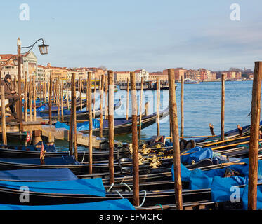 Blaue überdachte Gondeln vertäut am Ufer der Lagune Venedig Veneto Italien Europa Stockfoto