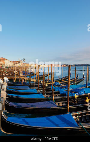 Blaue überdachte Gondeln vertäut am Ufer der Lagune Venedig Veneto Italien Europa Stockfoto