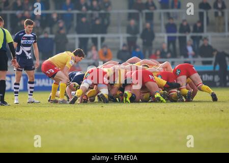 Verkauf, UK. 7. Februar 2015. LV-Cup Rugby. Sale Sharks gegen Scarlets. Llanelli Scarlets Scrum-Hälfte Rhodri Williams legt den Ball in ein Gedränge. Bildnachweis: Aktion Plus Sport/Alamy Live-Nachrichten Stockfoto