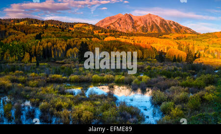 Osten Beckwith Berg erwacht, gebadet in der goldenen Sonne entlang Kebler außerhalb von Crested Butte, Colorado Stockfoto