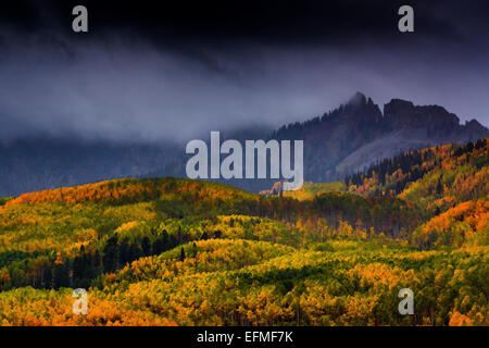 Ein ausstehender Sturm fegt in über Kebler Pass außerhalb von Crested Butte Colorado im Herbst Stockfoto