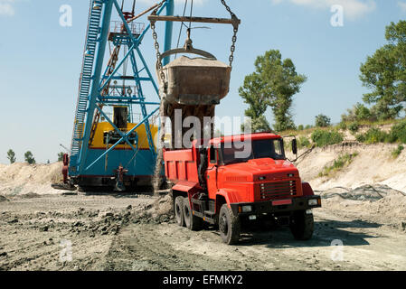 Laden von Eisenerz in der schwere Muldenkipper auf Tagebau Eisenerzabbau Bagger Stockfoto