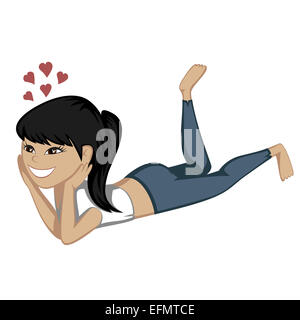 Eine süßen schwarzen Haaren Fitness Mädchen ist auf dem Boden in Leggins (verliebten) Tagträumen. Stockfoto