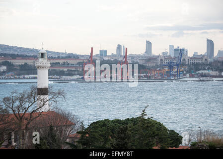 ISTANBUL, Türkei / Türkiye / Türkiye — die Uferpromenade von Istanbul, die vom Sultanahment-Viertel über die Bosporus-Straße und das Marmarameer in Richtung der Schiffsanlegestelle im Uskudar-Viertel im Osten blickt. Der Bosporus, ein wichtiger Wasserweg, der das Schwarze Meer mit dem Marmarameer verbindet, bietet atemberaubende Szenen von Istanbul mit seinen historischen Wahrzeichen und der geschäftigen maritimen Aktivität. Diese ikonische Meerenge teilt die Stadt in europäische und asiatische Seiten mit wunderschönen Palästen, Moscheen und Brücken am Wasser. Stockfoto