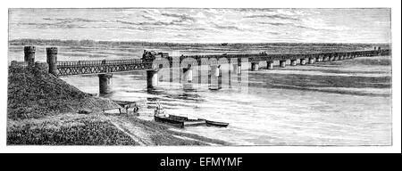Viktorianische Gravur einer Eisenbahn über den Ganges Fluß, Indien Stockfoto