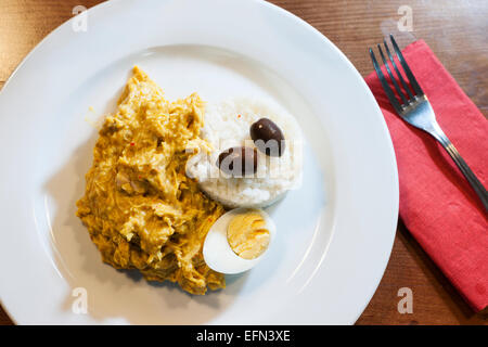 Aji de Gallina Hühnchen auf einer Platte, Kochkurs, Bellavista District, Santiago, Chile, Südamerika Stockfoto