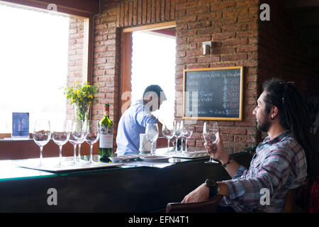 Lächelnder Mann hält Glas Wein im Verkostungsraum Emiliana Bio Weingut in Casablanca Valley, Chile, Südamerika Stockfoto