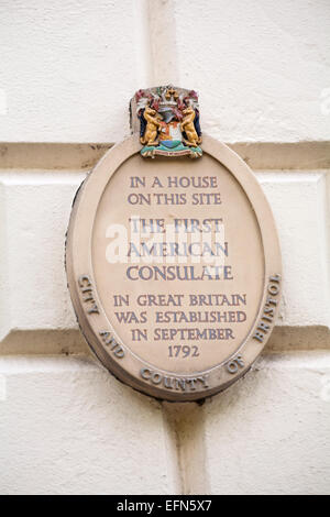 Gedenktafel am Bristol - in einem Haus auf dieser Seite die ersten amerikanischen Konsulat in Großbritannien entstand im September 1792 Stockfoto