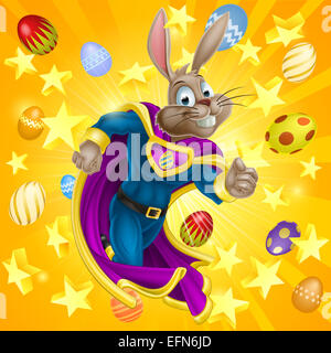 Einen niedlichen Cartoon Superheld Osterhase Charakter mit Sternen und Schokoladeneier im Hintergrund laufen Stockfoto