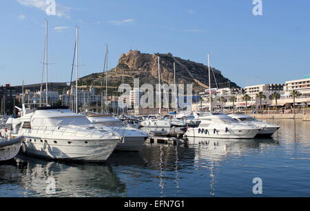 Hafen und Marina von Alicante, Valencia, Spanien, Blick auf die mittelalterliche Burg Santa Bárbara auf Berges Benacantil Stockfoto