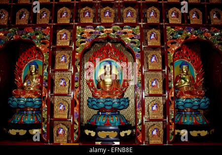 Singapur: Drei vergoldete Buddhas sitzen in Lotusblüten mit Hunderten von kleinen Buddhas zur chinesischen Tempel Stockfoto