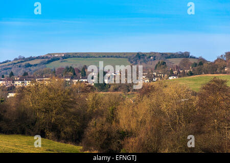 Ansicht der Wohnung gekrönt ehemalige Festung der Eisenzeit bei wenig Solsbury Hill, furnished, Somerset, England, UK Stockfoto