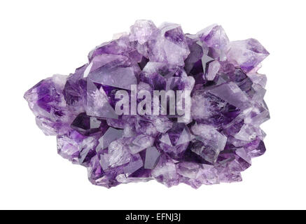 Amethyst direkt oben auf weißem Hintergrund, vielfältige violette Quarz, oft in Schmuck verwendet. Kieselsäure, Siliciumdioxid, SiO2. Stockfoto