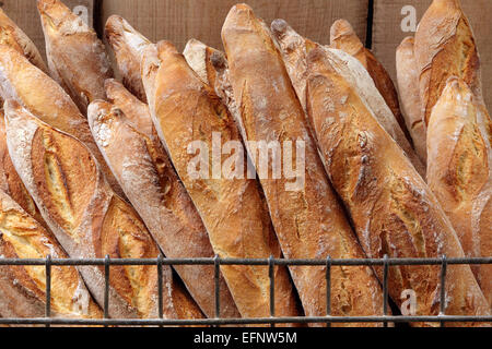 Französische Baguettes im Metallkorb in Bäckerei Stockfoto
