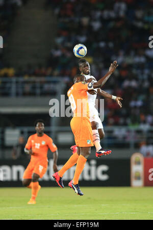 Bata, Äquatorial-Guinea. 8. Februar 2015. Afriyie Acquah (oben) von Ghana wetteifert mit Yaya Toure der Gnegneri der Côte d ' Ivoire in das Finale des Africa Cup of Nations in Bata, Äquatorial-Guinea, 8. Februar 2015. Côte d ' Ivoire Ghana nach der Verlängerung von 9-8 besiegt und Strafe tritt und holte sich den Titel. Bildnachweis: Meng Chenguang/Xinhua/Alamy Live-Nachrichten Stockfoto