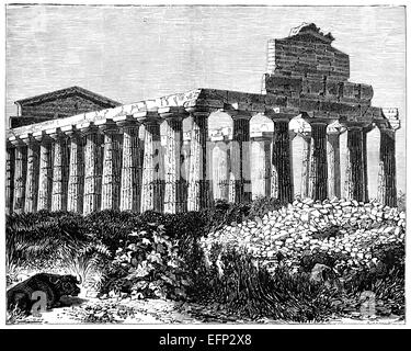 19. Jahrhundert Gravur der Tempel der Vesta in Paestum, Italien Stockfoto