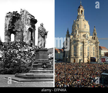 (Datei) - das zusammengesetzte Bild zeigt eine Archiv Bild, datiert Juli 1971, von den Ruinen der zerstörten Frauenkirche und die Statue des Reformators Martin Luther (L) Destroey im zweiten Weltkrieg und der wieder aufgebauten Frauenkirche während seiner Weihe am 30. Oktober 2005 in Dresden, Deutschland. Britischen und US-amerikanischen Luftstreitkräfte durchgeführt einen massiven Luftangriff auf die Stadt Dresden während der Nacht vom 13. Februar bis 14. Februar 1945, nur drei Monate vor der Kapitulation von Deutschland das Ende des zweiten Weltkriegs. Foto: Dpa Stockfoto