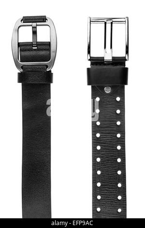 Zwei schwarze Herren-Gürtel, isoliert auf weißem Hintergrund Stockfoto