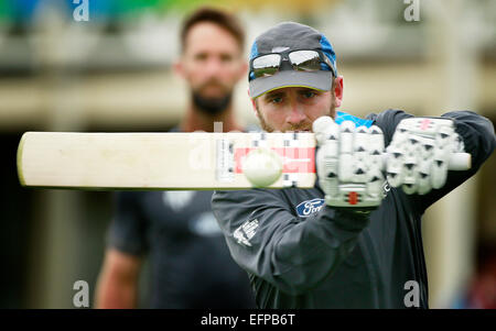 Lincoln, New Zealand. 9. Februar 2015. World Cup warm-up. Kane Williamson von der New Zealand vor ICC Cricket World Cup-Spiel zwischen den New Zealand V Zimbabwe Aufwärmen. Bildnachweis: Aktion Plus Sport/Alamy Live-Nachrichten Stockfoto