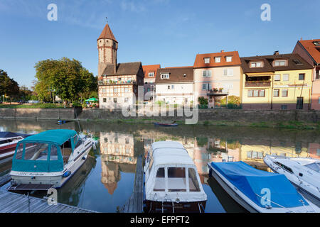 Altstadt mit Spitzer Turm Tower, Fluss Tauber, Wertheim, Main Tauber Kreis, Baden-Wurttemberg, Deutschland, Europa Stockfoto