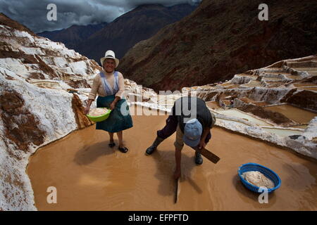 Familie arbeiten in den Salinas de Maras, Heiliges Tal, Peru, Südamerika Stockfoto