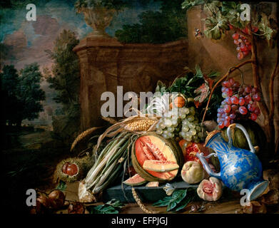 Stillleben mit Obst und Gemüse vor einem Garten Balustrade 1658 Jan Davidsz. de Heem 1606-1684 Niederlande Niederlande Stockfoto