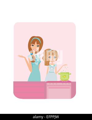 Glückliche Mutter ihre Tochter in der Küche zu helfen Stock Vektor