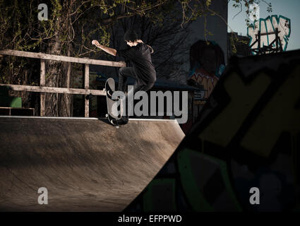 Skateboarding auf Miniramp, stumpf, Fakie, Berlin, Deutschland Stockfoto