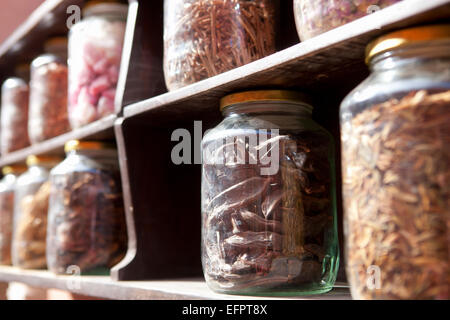 Reihen von Kräutern und Gewürzen Gläser am Marktstand, exotischsten, Marokko Stockfoto