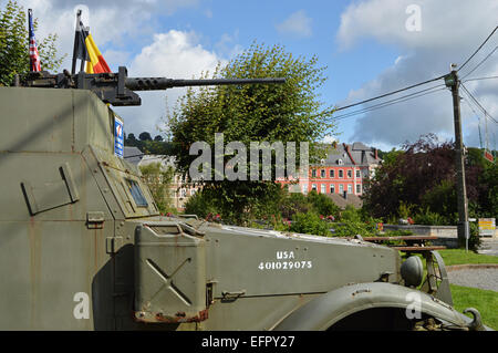 Detail der Halftrack, ein WW2-Denkmal der 30. Infanterie-Division - in der Nähe der Brücke von Stavelot, Belgien Stockfoto