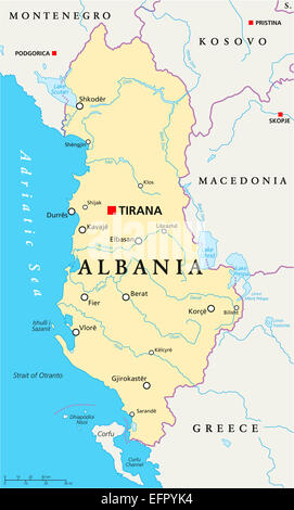 Albanien Landkarte mit Hauptstadt Tirana, Landesgrenzen, wichtige Städte, Flüsse und Seen. Englische Beschriftung und Skalierung. Stockfoto