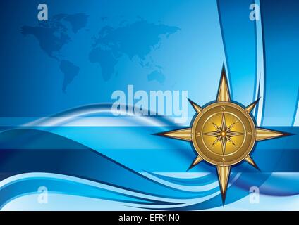 Goldene Kompass auf blauem Hintergrund mit Weltkarte, eps10 Vektor-illustration Stock Vektor