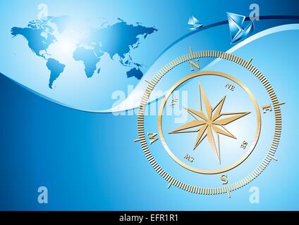 Goldene Kompass mit Map-Hintergrund, Vektor-illustration Stock Vektor