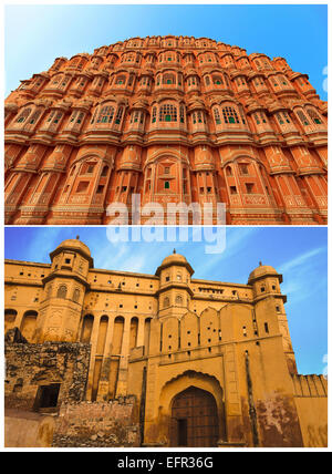 Fassaden von Amber Fort und Hawa Mahal, Jaipur Stockfoto